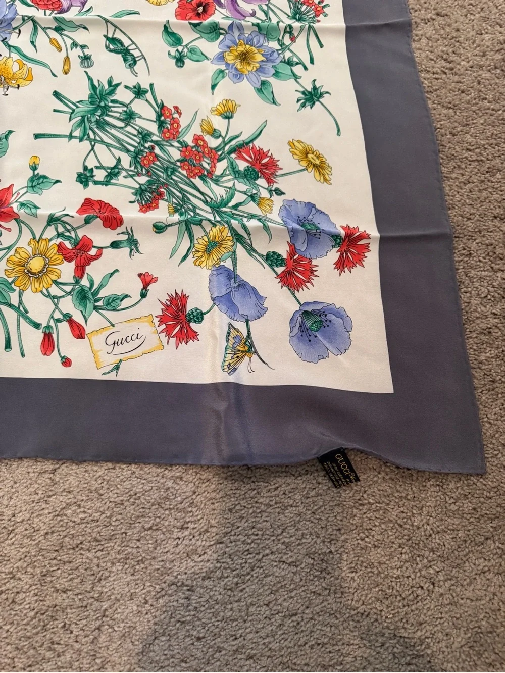 Vintage Gucci Floral Silk Scarf with Navy Border